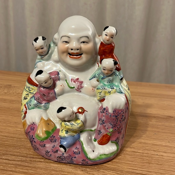 VTG Antique Chinese Famille Rose Republic Period Porcelain Buddha Kids Statue